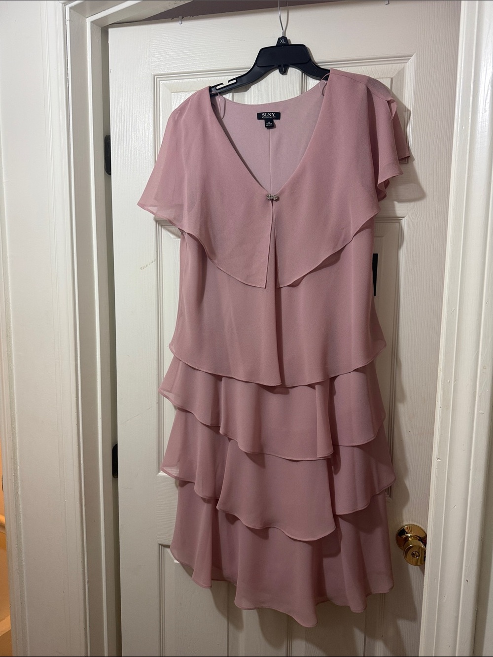 SLNY Dusty Rose Tiered Ruffle Midi Dress
